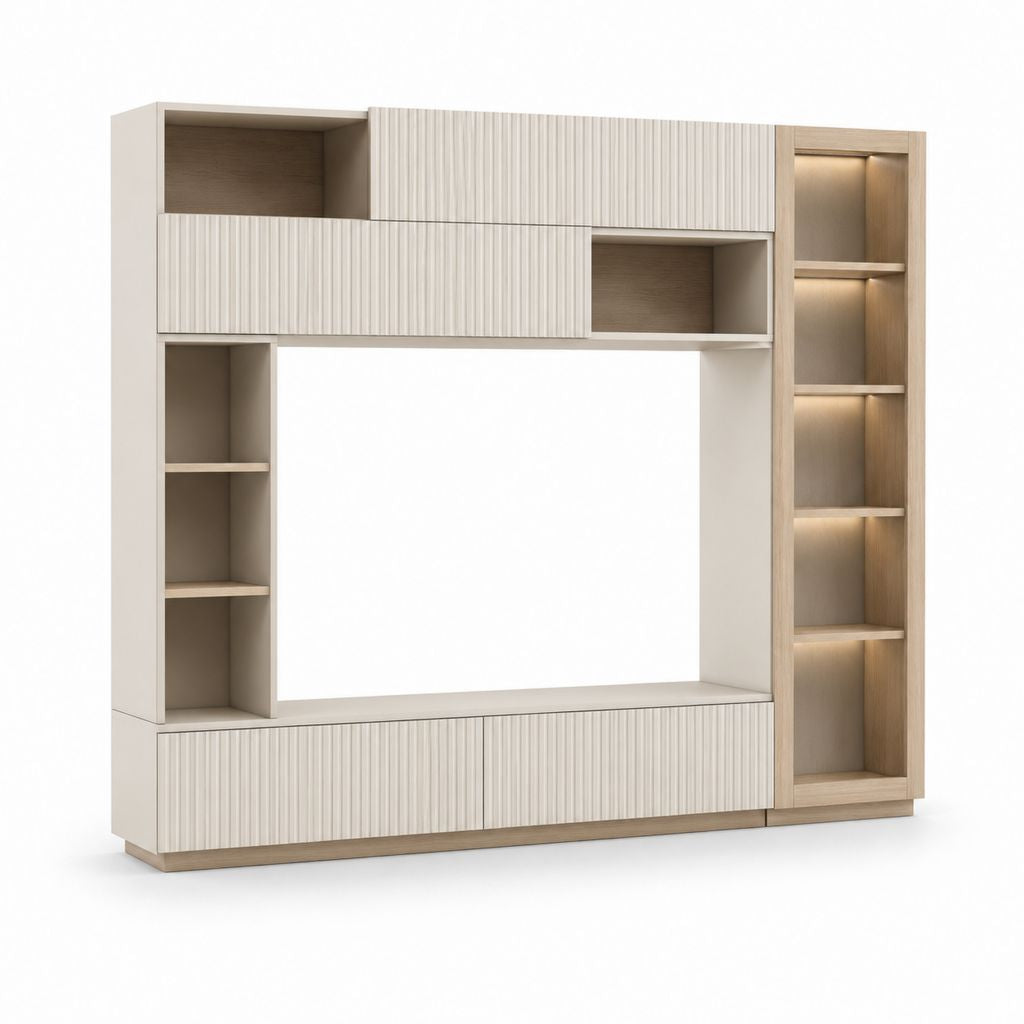 TV Wohnwand mit LED Beleuchtung Beige Eicheoptik Spanplatte MDF Rechteckig 240 x 40 x 200 cm