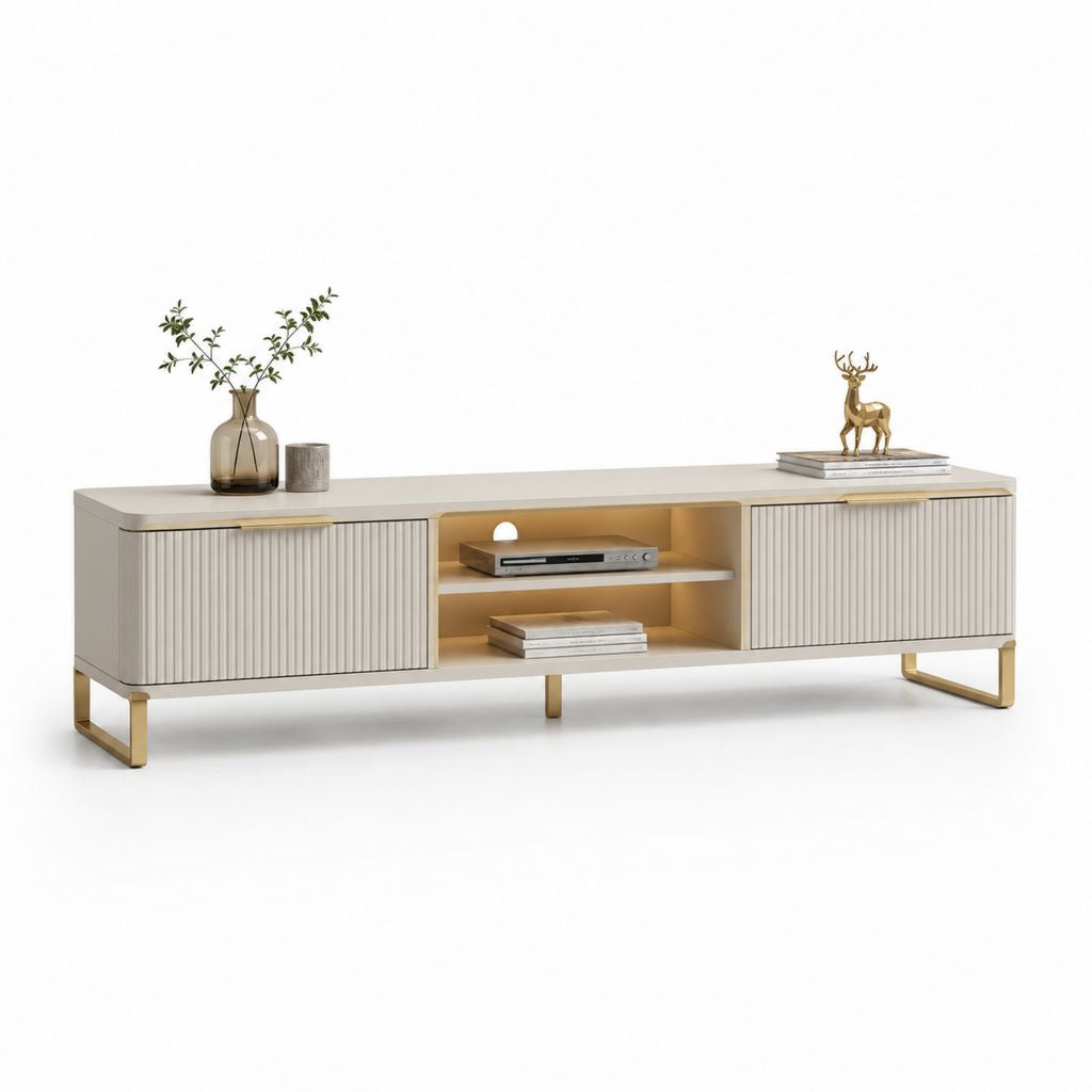 TV-Lowboard Weiß Gold MDF Edelstahl Rechteckig 180 x 40 x 50 cm mit 2 Schiebetüren und offenen Fächern