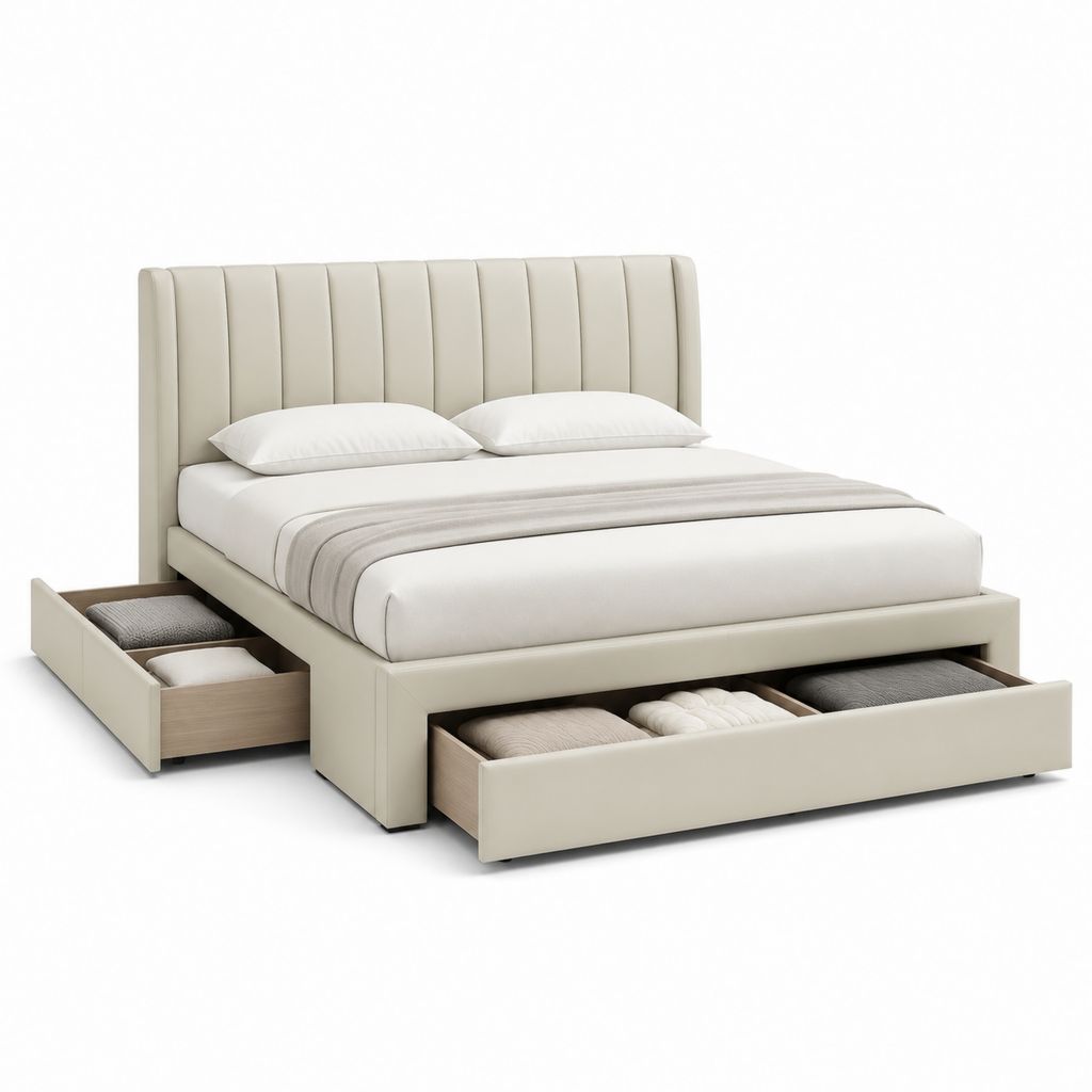 Stauraumbett Doppelbett Creme PU-Kunstleder rechteckig mit 3 Schubladen 160 x 200 cm