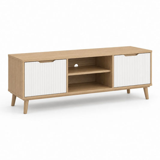 TV-Lowboard Eichenoptik Weiß aus Spanplatte 140 x 40 x 60 cm mit 2 Schiebetüren