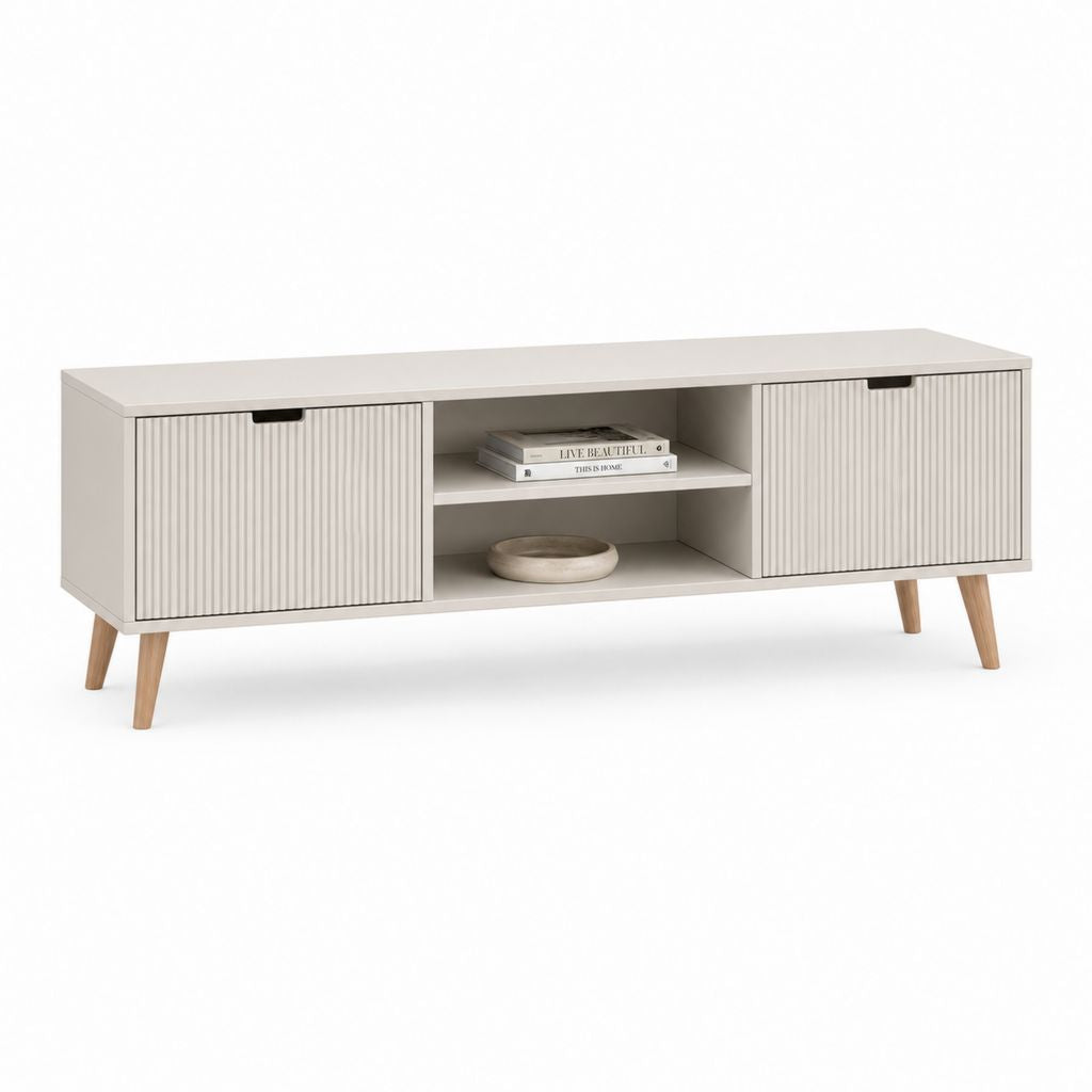 TV-Lowboard Weiß aus MDF mit geriffelten Türen und Gummibaumholzfüßen rechteckig 140 x 40 x 55 cm