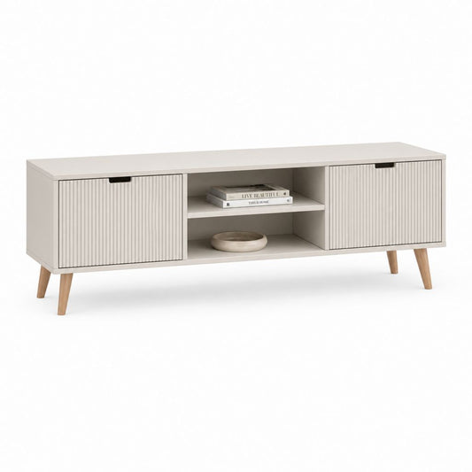 TV-Lowboard Weiß aus MDF mit geriffelten Türen und Gummibaumholzfüßen rechteckig 140 x 40 x 55 cm
