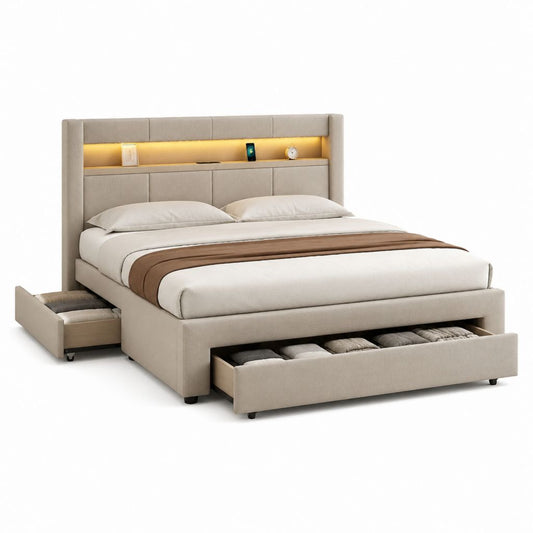 Polsterbett Stauraumbett Beige mit Polyesterbezug und LED-Ablage 180 x 200 cm