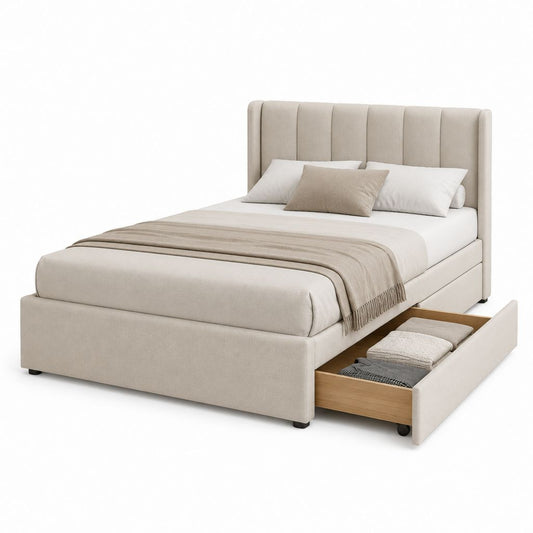 Stauraumbett Beige mit gepolstertem Polyesterbezug und Schublade 160 x 200 cm