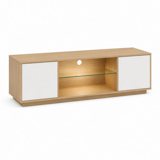 TV-Lowboard Eiche-Optik Weiß Holzwerkstoff rechteckig mit 2 Türen und Glasboden 140 x 40 x 50 cm