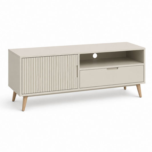 TV Lowboard Weiß aus MDF mit Lamellenfront und Massivholzbeinen 120 x 40 x 55 cm